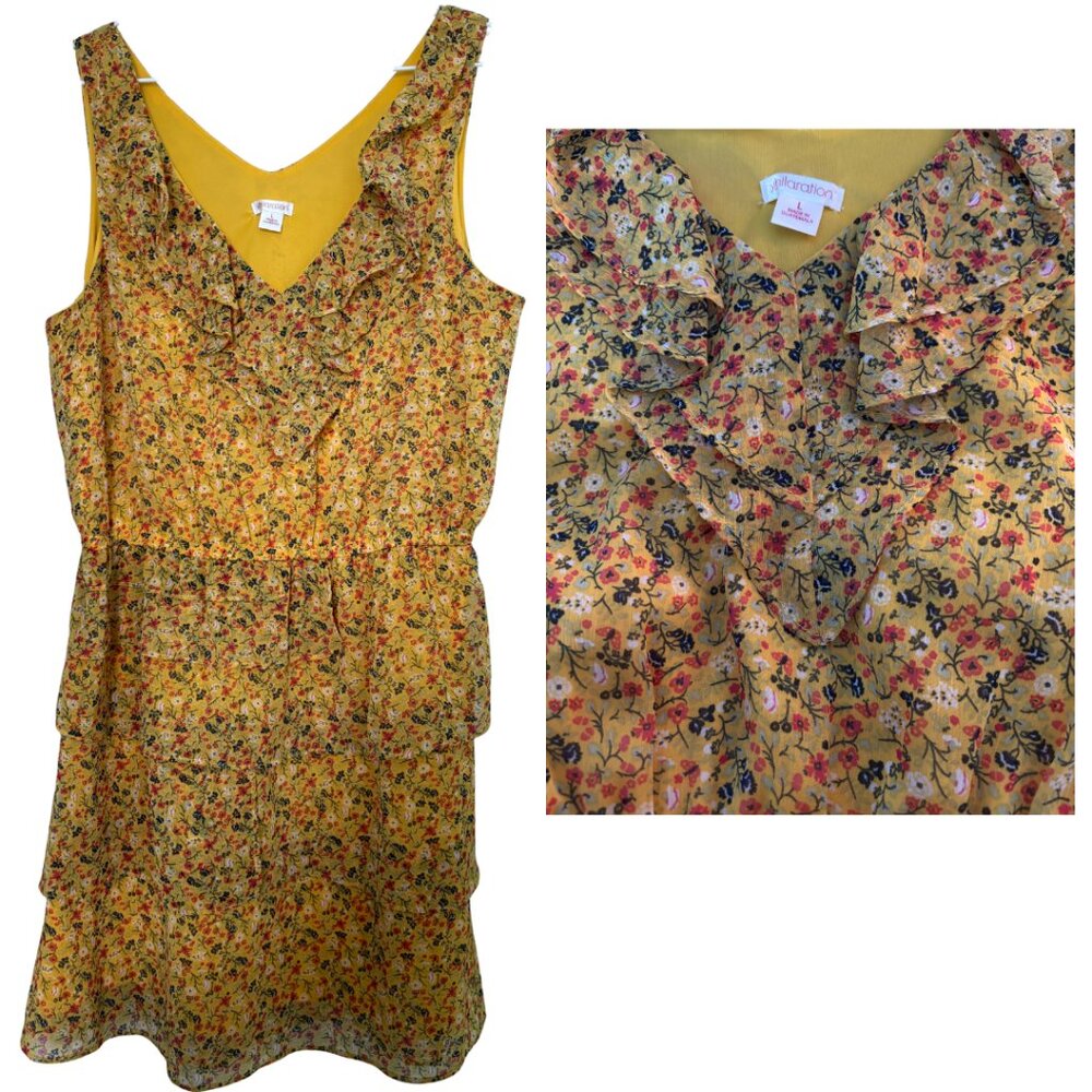 Xhilaration yellow floral chiffon ruffle dress L